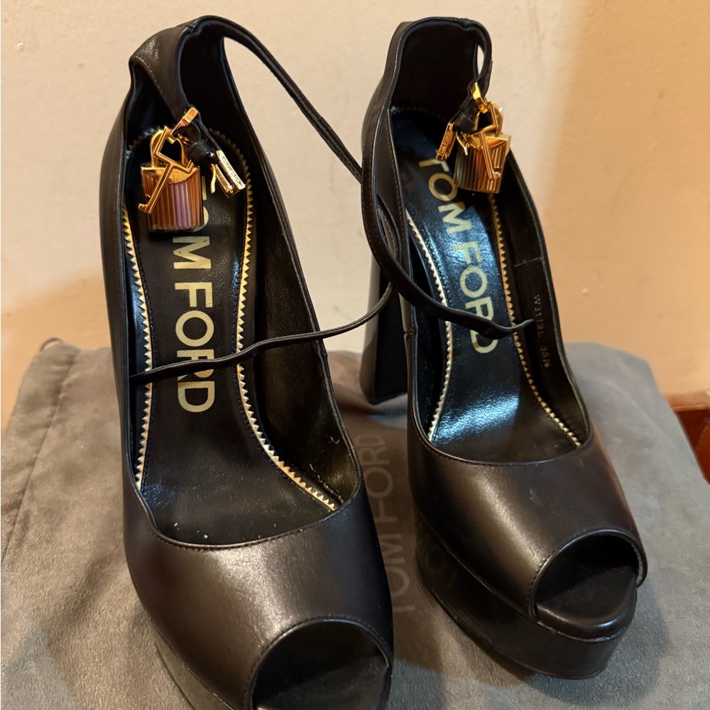 Tom Ford Black Peep Toe Heels with Gold Accents